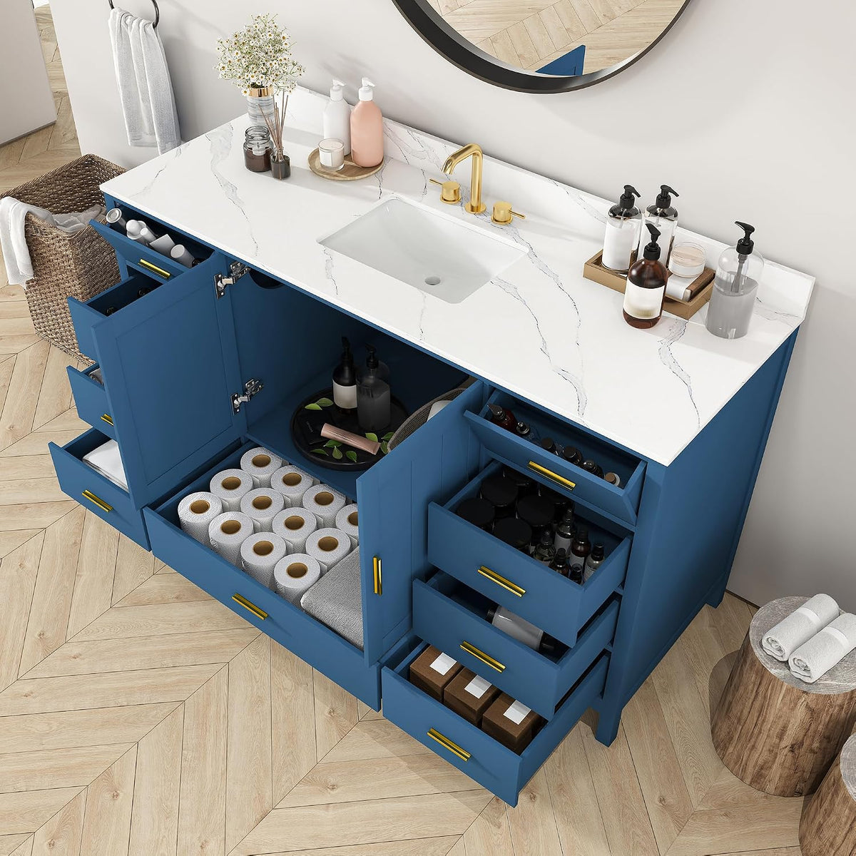 60" Bathroom Vanity Single Sink with 3 Hole, Sink Bathroom Vanity with Solid Wood Frame Storage,Soft Close Double Doors & 9 Sliding Drawers, with Gold Accents