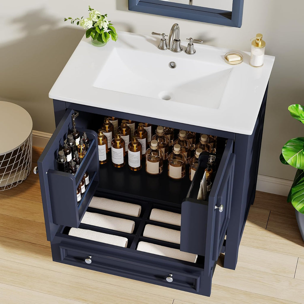 Tribesigns 30" Bathroom Vanity with Sink, Freestanding Bathroom Vanities Cabinet with Ceramic Basin Combo, Bathroom Sink Cabinet with 2 Doors and 1 Drawer, Solid Wooden Frame (Navy Blue, 30 INCH)