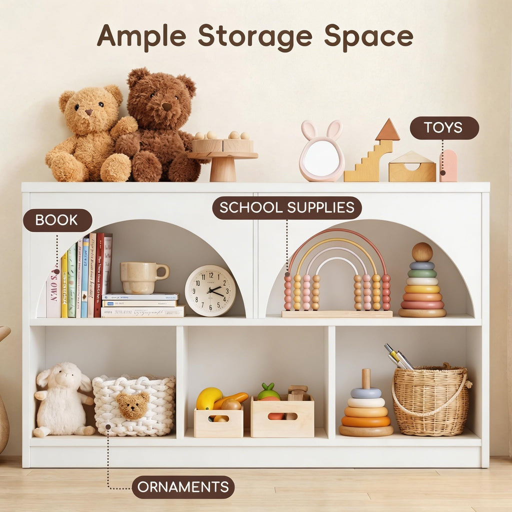 Fatmok Kids Bookshelf and Toy Storage, 2 Pack 58.5ââ Toy Organizer with Movable Chests & 3 Storage Bins, Large Kids Reading Nook with 5 Cubbies for Playroom, Bedroom, Nursery, White