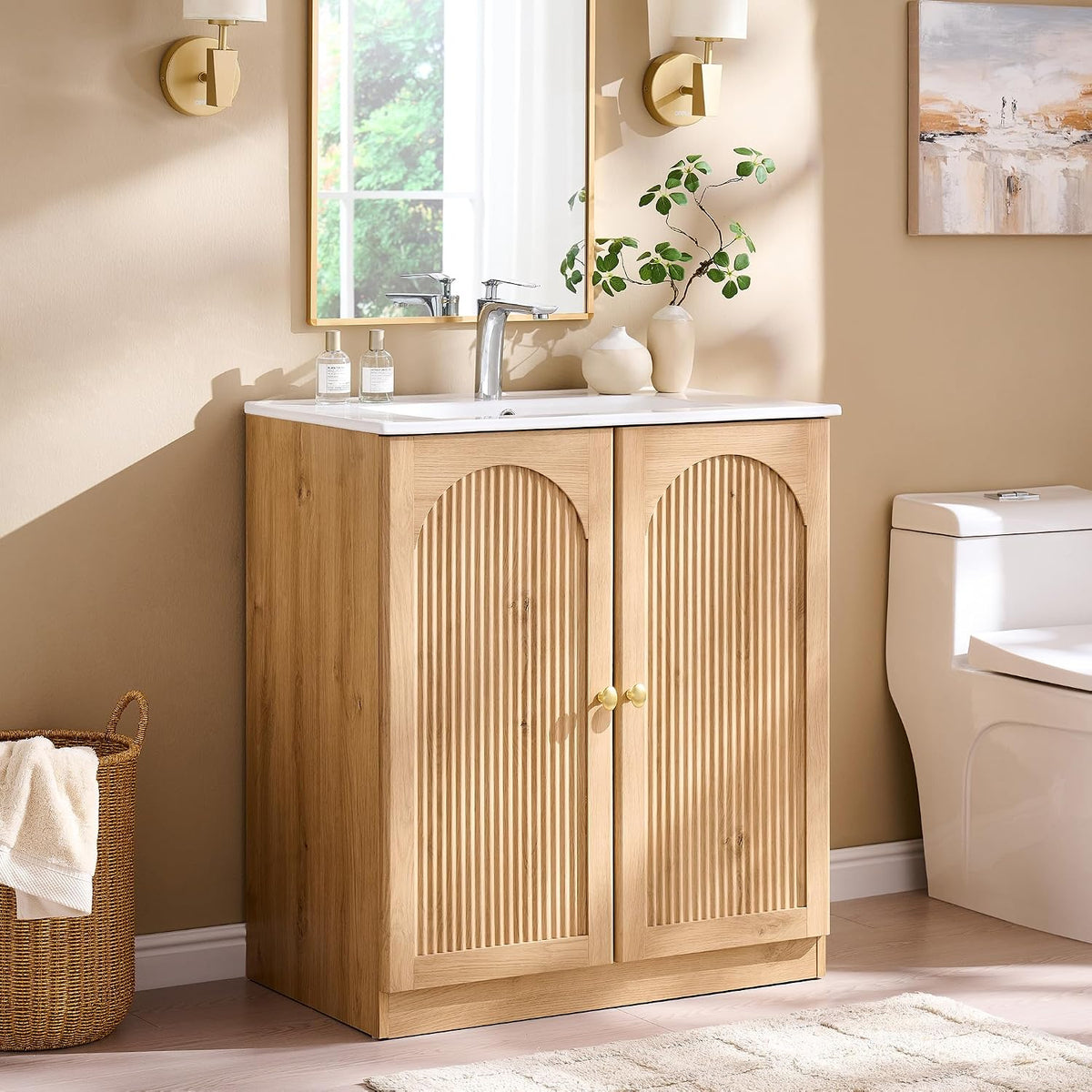 IFGET 30 Inch Bathroom Vanity with Sink, Arched Fluted Design, Natural Oak