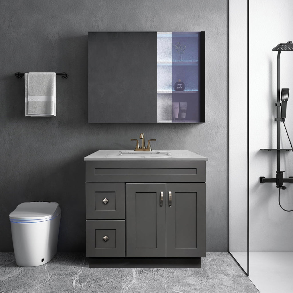 36" Maple Walnut Bathroom Vanity Base â Ready-to-Assemble Sink Cabinet with Drawers, Shaker Style Storage, Base Only, No Top or Sink