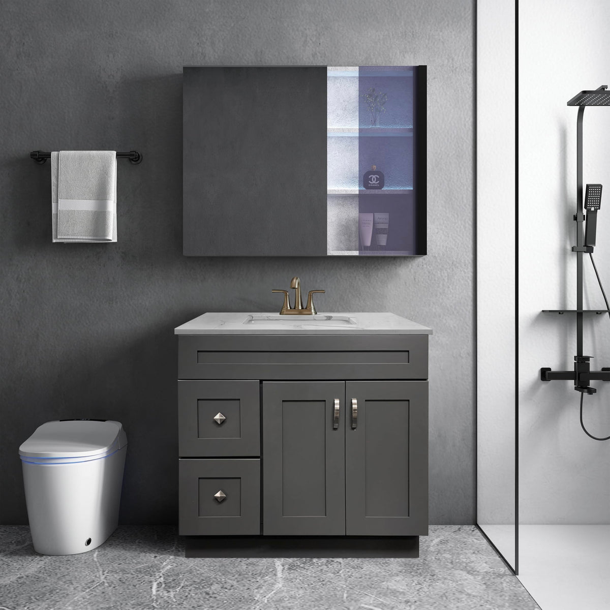 36" Maple Walnut Bathroom Vanity Base â Ready-to-Assemble Sink Cabinet with Drawers, Shaker Style Storage, Base Only, No Top or Sink