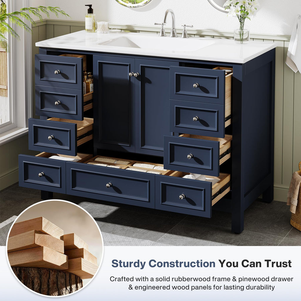 Tribesigns 30" Bathroom Vanity with Sink, Freestanding Bathroom Vanities Cabinet with Ceramic Basin Combo, Bathroom Sink Cabinet with 2 Doors and 1 Drawer, Solid Wooden Frame (Navy Blue, 30 INCH)