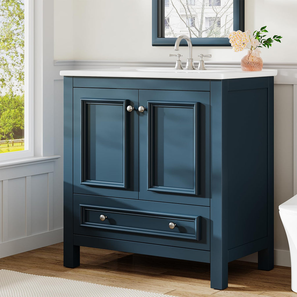 Tribesigns 30" Bathroom Vanity with Sink, Freestanding Bathroom Vanities Cabinet with Ceramic Basin Combo, Bathroom Sink Cabinet with 2 Doors and 1 Drawer, Solid Wooden Frame (Navy Blue, 30 INCH)