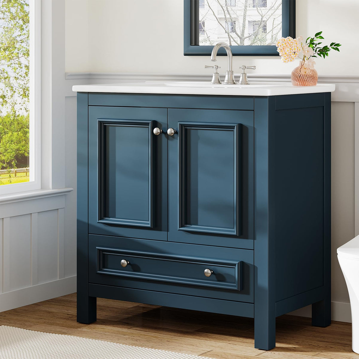 Tribesigns 30" Bathroom Vanity with Sink, Freestanding Bathroom Vanities Cabinet with Ceramic Basin Combo, Bathroom Sink Cabinet with 2 Doors and 1 Drawer, Solid Wooden Frame (Navy Blue, 30 INCH)