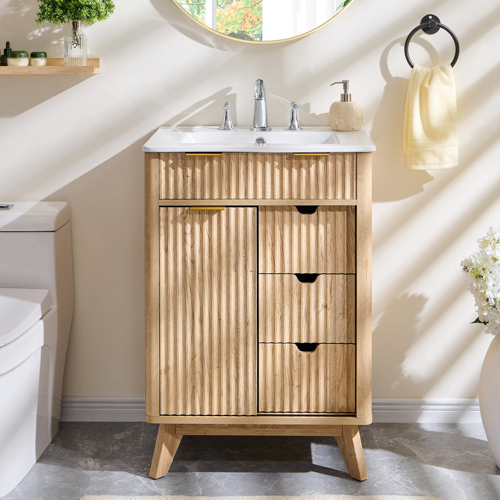 T4TREAM 60" Fluted Bathroom Vanity with Resin Sink Combo, Natural Oak