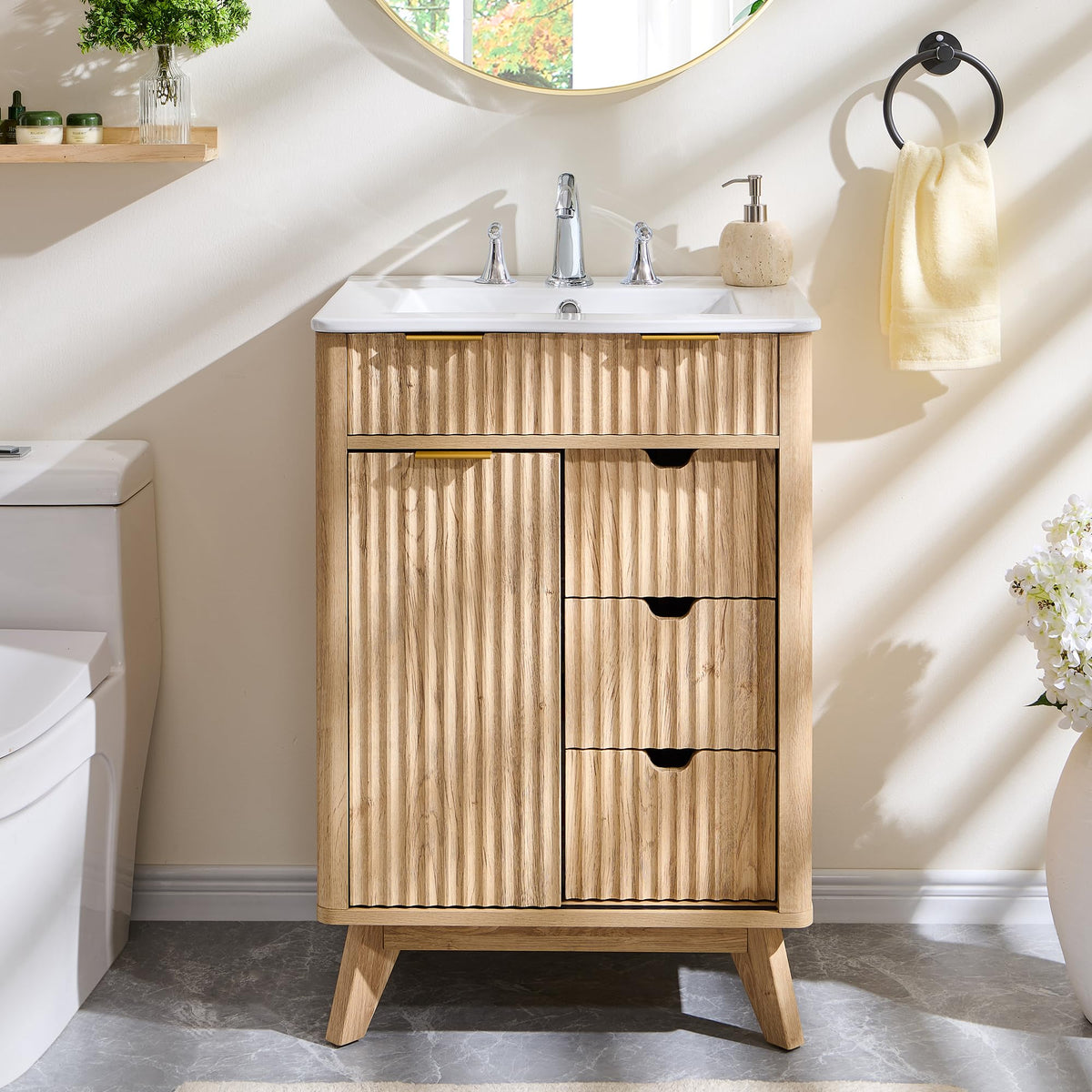 T4TREAM 60" Fluted Bathroom Vanity with Resin Sink Combo, Natural Oak