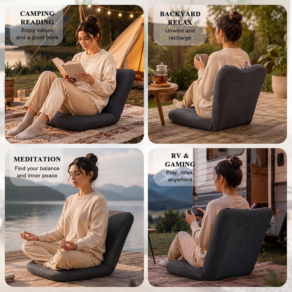 Sintuff 2 Pcs Floor Chair with Back Support Meditation Chair Floor Seat with Thick Cushion 5-Position Adjustable Tatami Lounger Folding Lazy Sofa for Reading Gaming Watching TV Dorm Yoga, Dark Grey