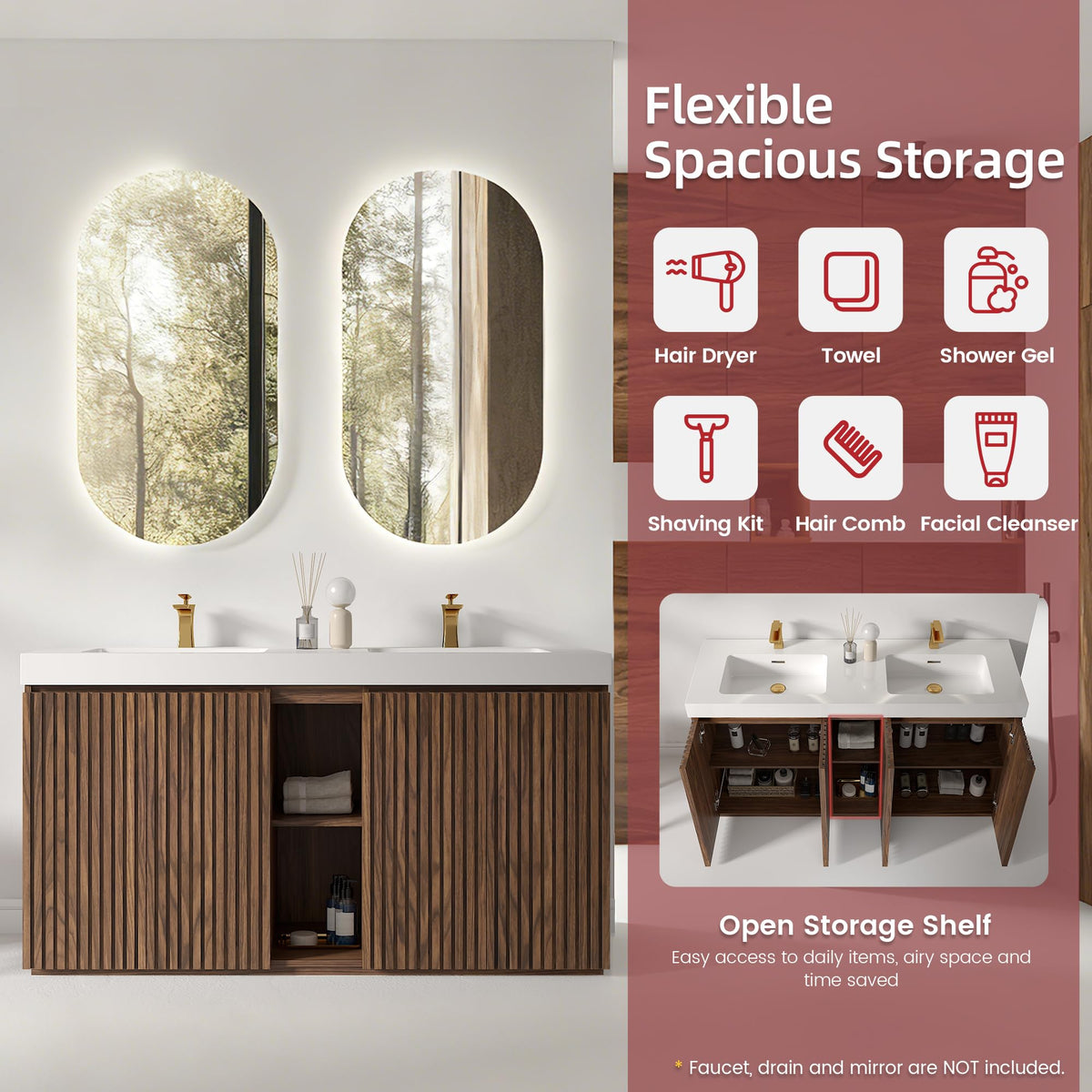 36â Modern Bathroom Vanity with Black Sink, Smoked Brown