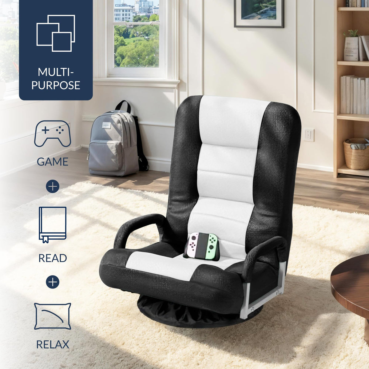Best Choice Products Swivel Gaming Chair 360 Degree Multipurpose Floor Chair Rocker for TV, Reading, Playing Video Games w/Lumbar Support, Armrest Handles, Adjustable Foldable Backrest - Black/Black
