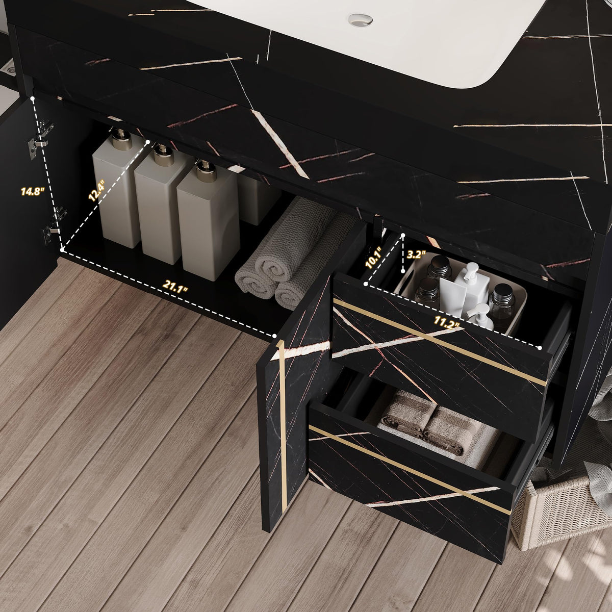 Glintee 40" Floating Bathroom Vanity & Sintered Stone Top, Black