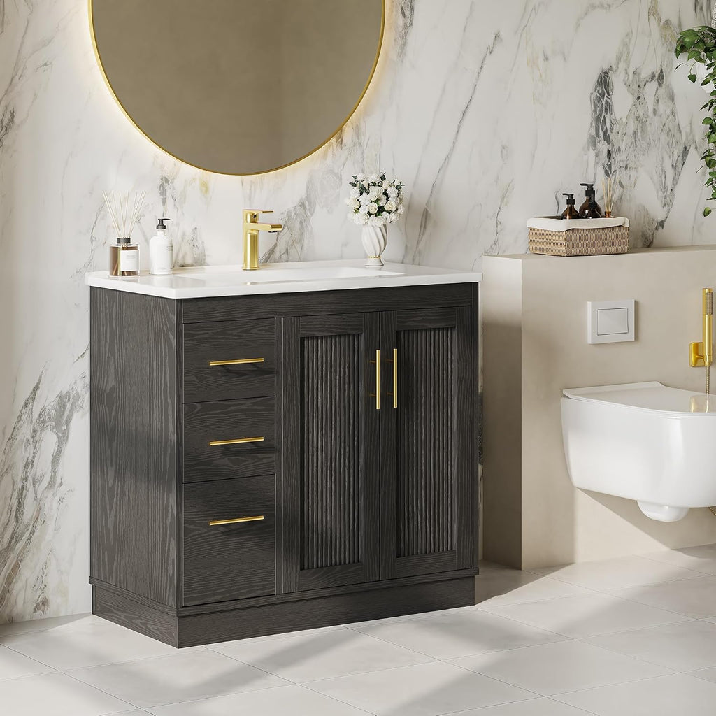 IRONCK 36 Inch Bathroom Vanity with Sink, Modern Black Bathroom Cabinet with Soft Closing Doors, 3 Drawers, Adjustable Shelf & Toilet Paper Holder