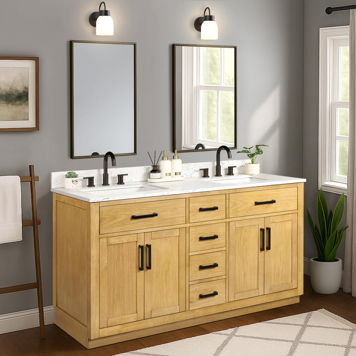48-inch Dark Walnut Bathroom Vanity with Sink, Solid Wood, 0.79-inch Stone Countertop and Backsplash, 9 Drawers, 2 Soft Closing Doors