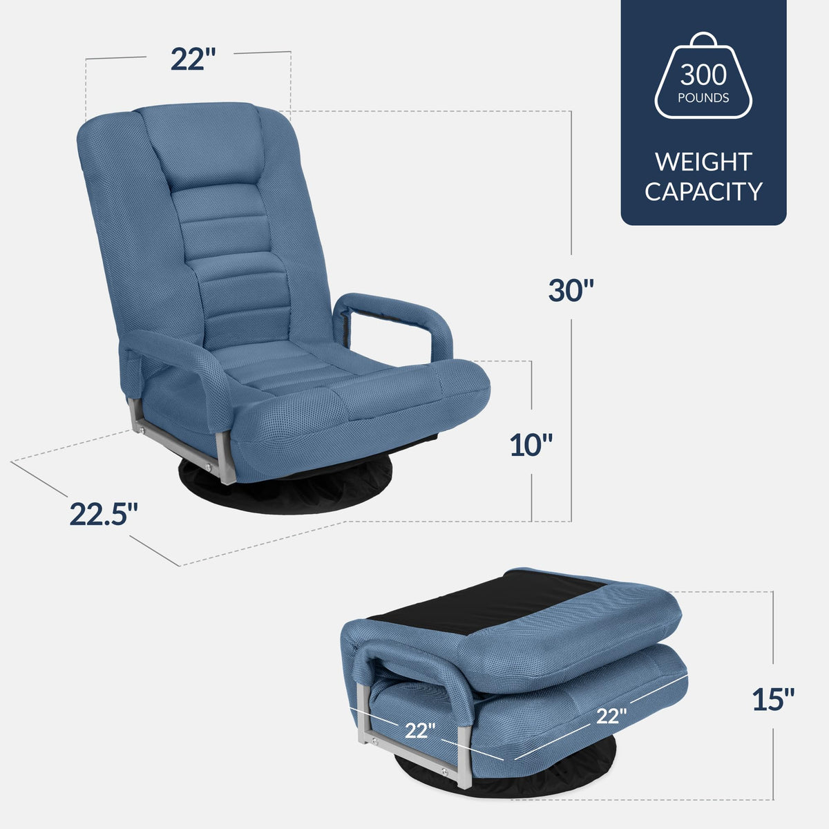 Best Choice Products Swivel Gaming Chair 360 Degree Multipurpose Floor Chair Rocker for TV, Reading, Playing Video Games w/Lumbar Support, Armrest Handles, Adjustable Foldable Backrest - Black/Black