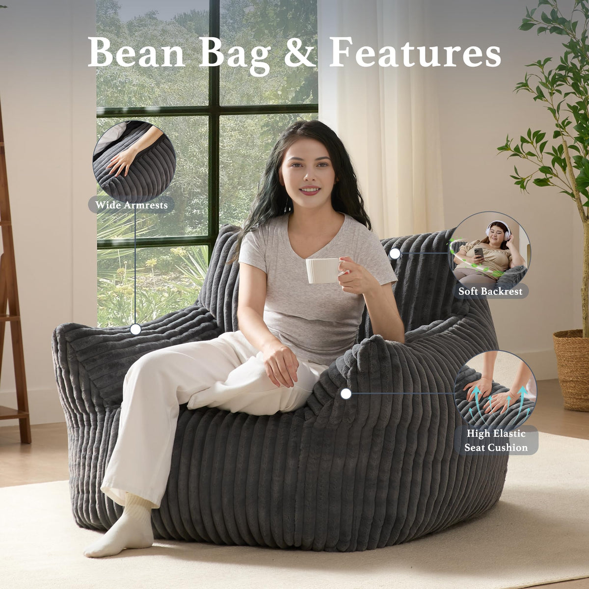 3-in-1 Giant Bean Bag Chair for Adults & Kids, Convertible Floor Sofa to Mattress, Memory Foam Beanbag Chair with Washable Cover, Multi Functional Lounge Couch for Bedroom, Living Room (Dark Grey)