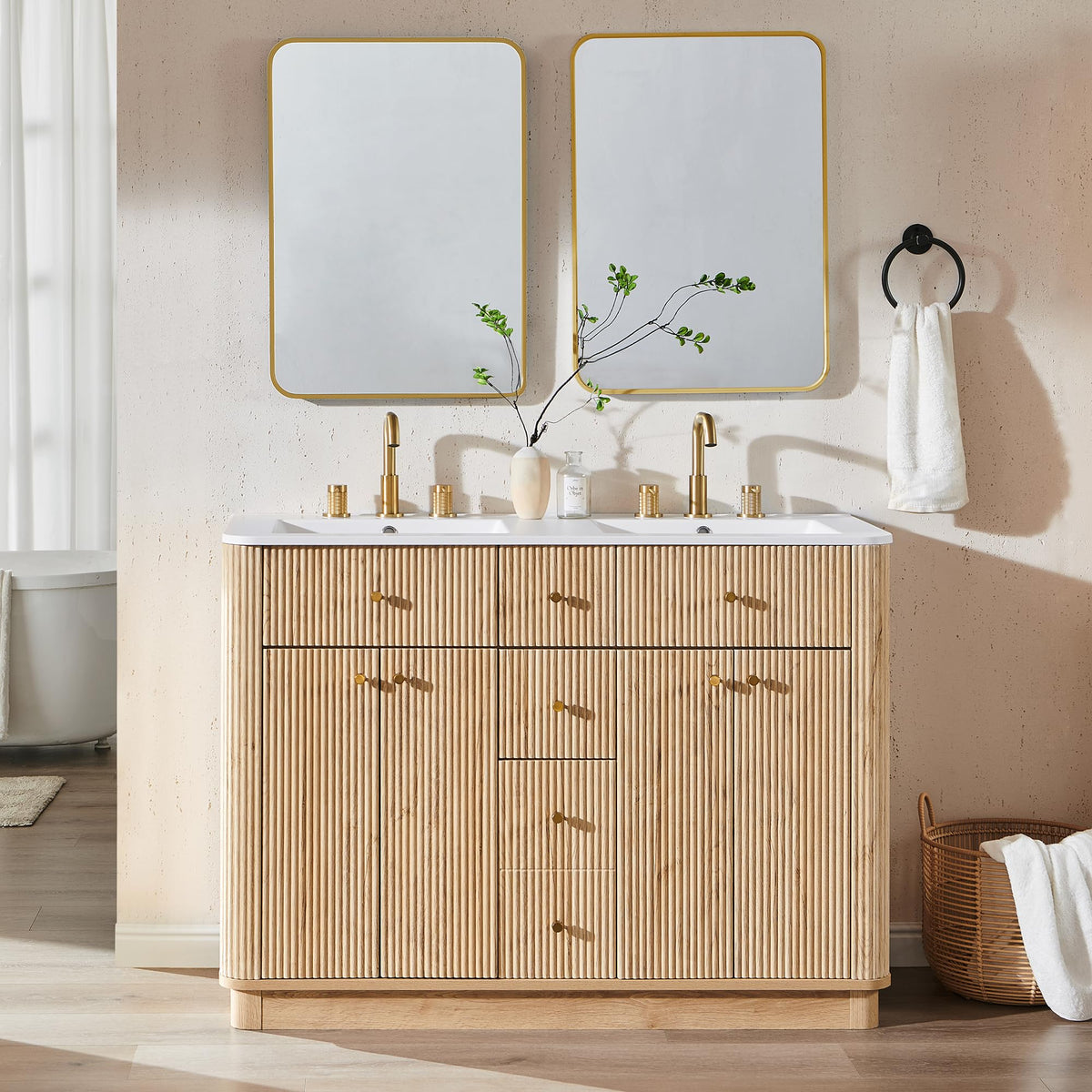 T4TREAM 36" Fluted Bathroom Vanity with Single Sink, Natural Oak