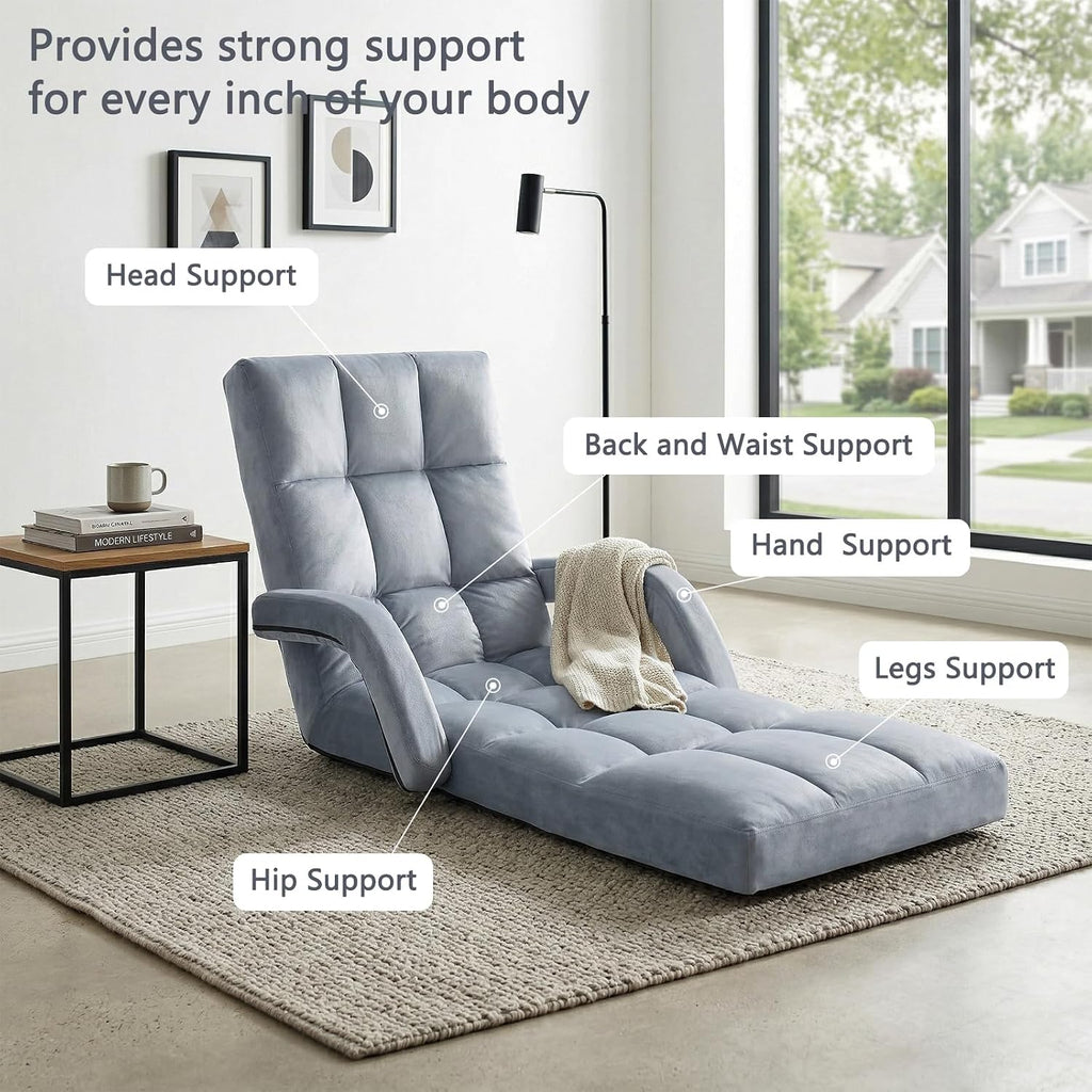 Velvet Adjustable Floor Gaming Chair with 14-Positions, Folding Floor Chair with Back Support, Indoor Floor Chairs with Armrest for Living Room, Bedroom, Balcony, Grey
