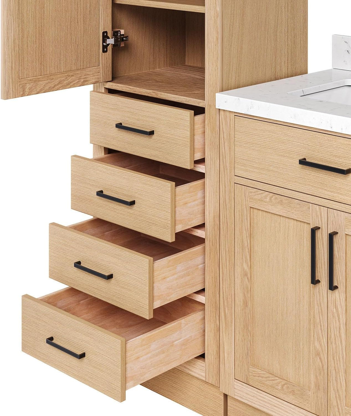 ARIEL Hepburn 92 Inch Includes 20 Inch Linen Cabinet and 1 of 72 Inch Double Rectangle Sink Bathroom Vanity with Carrara White Quartz Countertop 1.5 Inch in Natural Oak