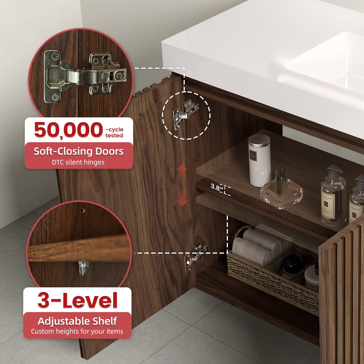 36â Modern Bathroom Vanity with Black Sink, Smoked Brown