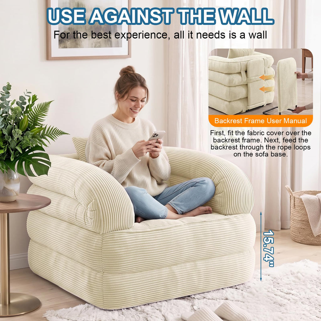 Folding Sofa Bed, Convertible Sleeper Chair with Armrests, Corduroy Foldable Boneless Bed, 3-in-1 Portable Futon Couch Floor Sofa with Pillow for Bedroom, Living Room, Orange