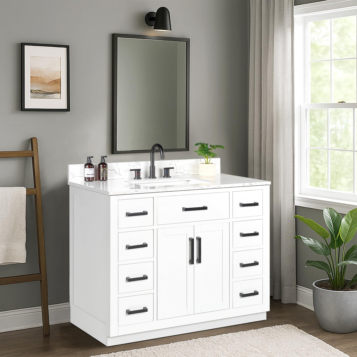 48-inch Dark Walnut Bathroom Vanity with Sink, Solid Wood, 0.79-inch Stone Countertop and Backsplash, 9 Drawers, 2 Soft Closing Doors