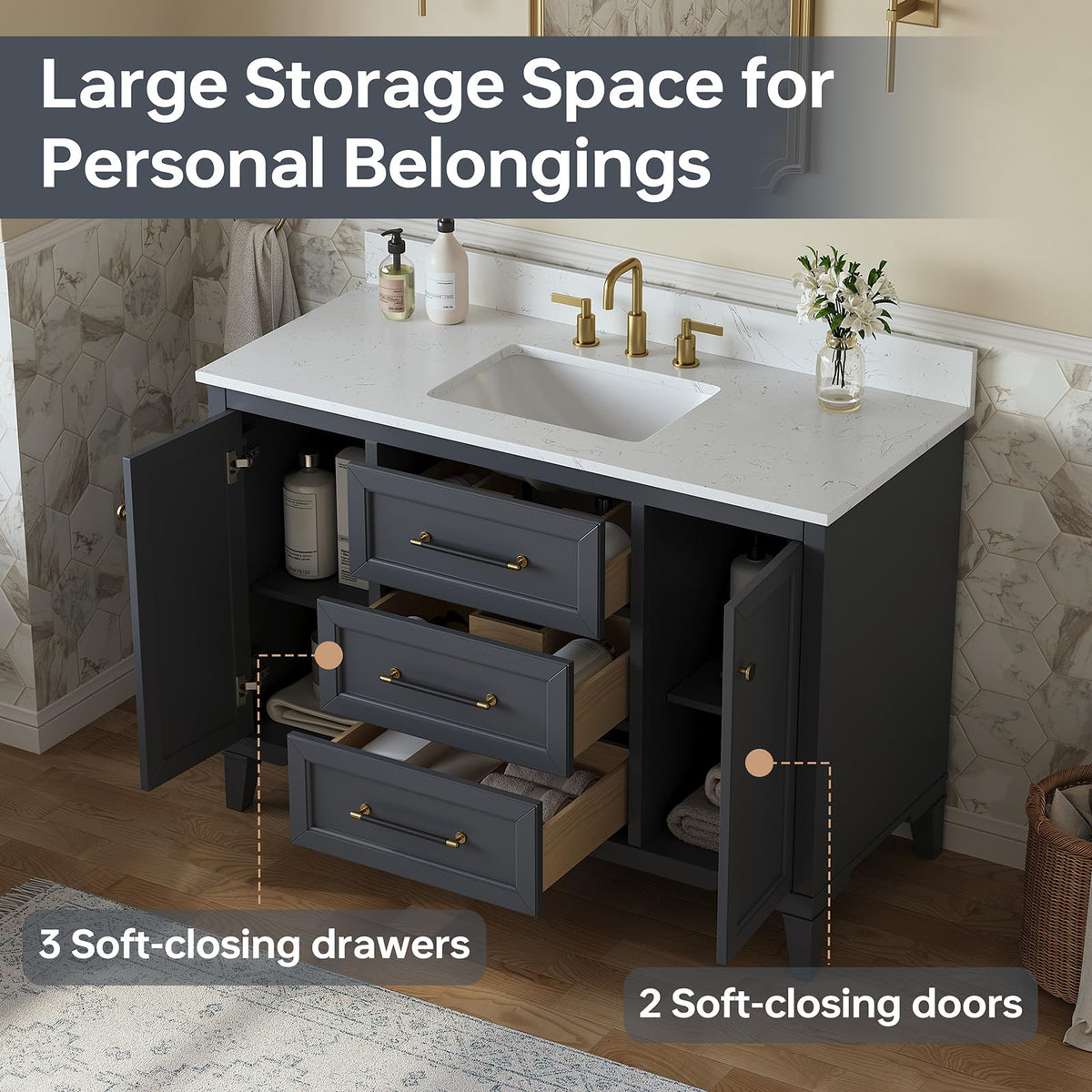 60 Inch Bathroom Vanity with Double Sink Combo, Greige