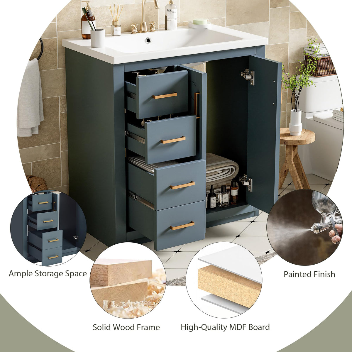 30 Inch Green Bathroom Vanity with Sink & Gold Handles,Light Luxury