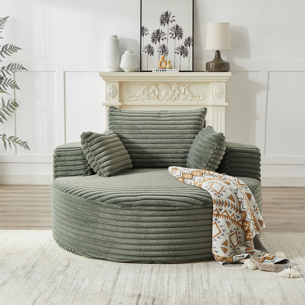 Oversized Round Chaise Longue Chair Indoor, Modern 55-inch Upholstered Corduroy Deep Seat Circle Single Cloud Lounge Floor Sofa Chair for Living Room, Bedroom Apartment, Beige
