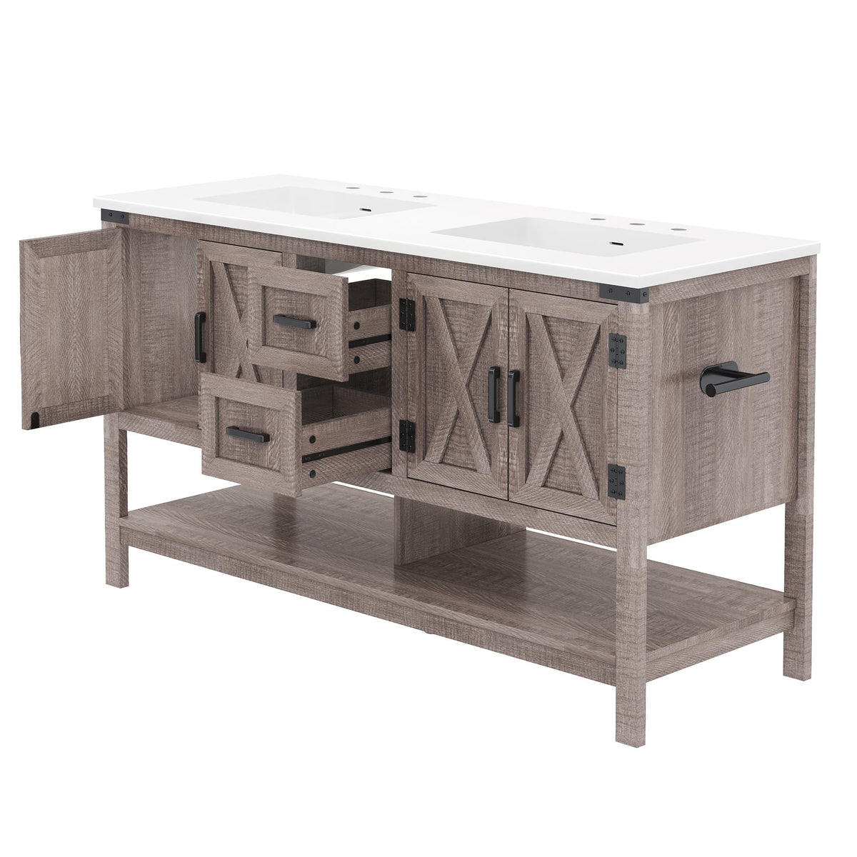 AMERLIFE 48" White Farmhouse Sink Bathroom Vanity, Solid White Top