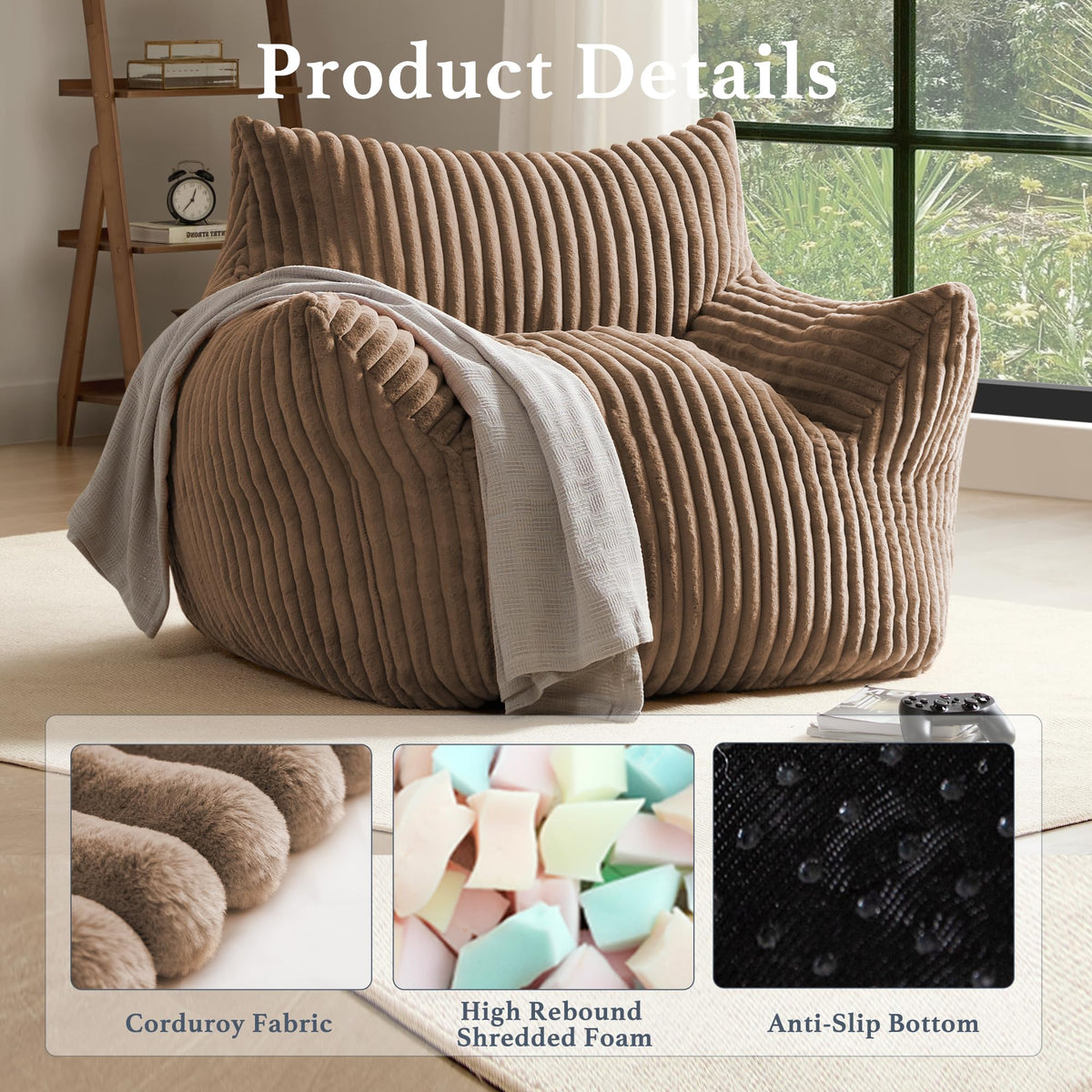 3-in-1 Giant Bean Bag Chair for Adults & Kids, Convertible Floor Sofa to Mattress, Memory Foam Beanbag Chair with Washable Cover, Multi Functional Lounge Couch for Bedroom, Living Room (Dark Grey)