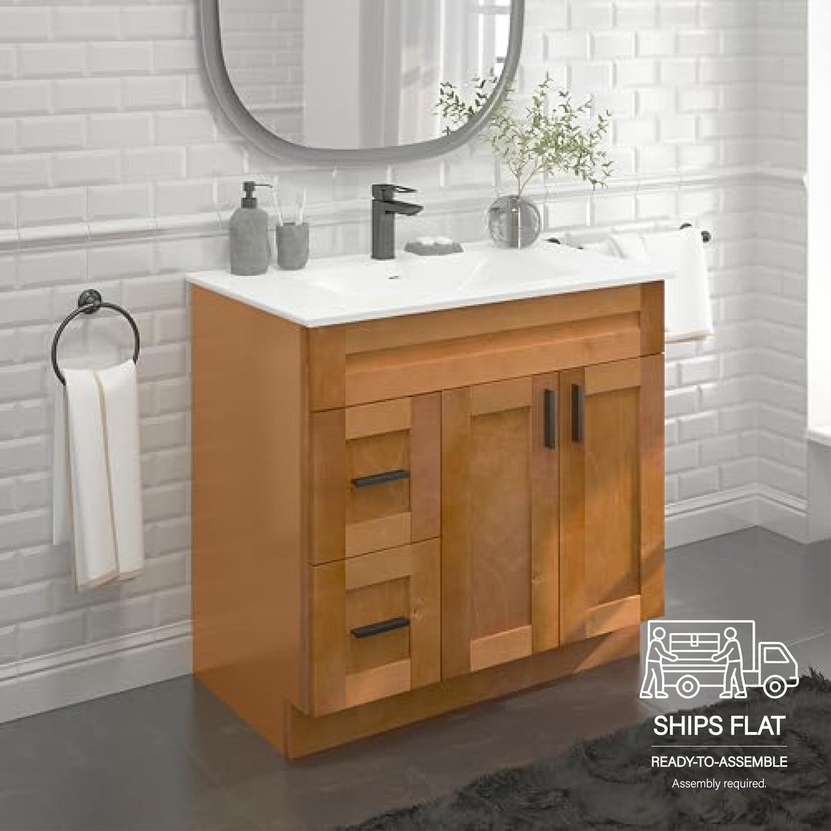 36" Maple Walnut Bathroom Vanity Base â Ready-to-Assemble Sink Cabinet with Drawers, Shaker Style Storage, Base Only, No Top or Sink