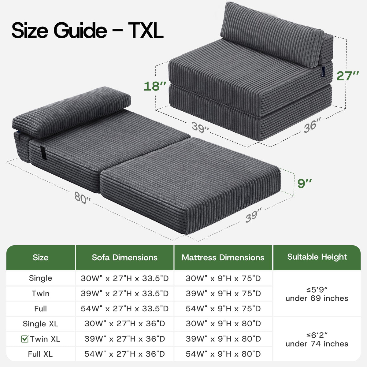 Folding Sofa Bed Convertible 4 in 1 Sleeper Chair Gray Single