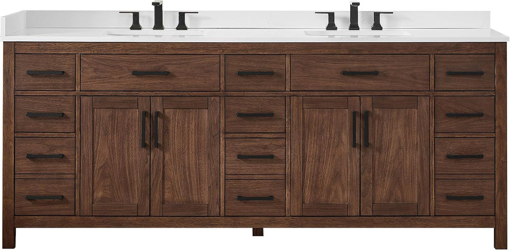 Wyndham Collection Beckett 84 Inch Double Bathroom Vanity in Dark Walnut, Giotto Quartz Countertop, Undermount Square Sinks (3-Hole), Matte Black Trim
