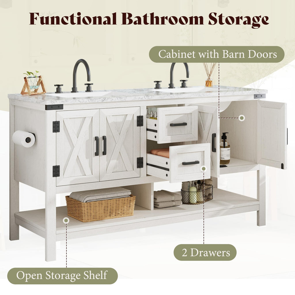 AMERLIFE 48" White Farmhouse Sink Bathroom Vanity, Solid White Top