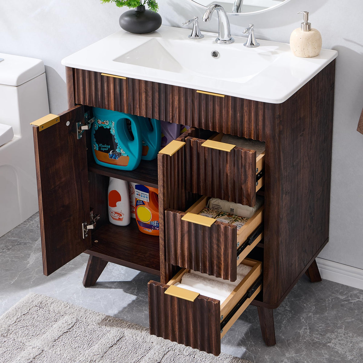 T4TREAM 60" Fluted Bathroom Vanity with Resin Sink Combo, Natural Oak