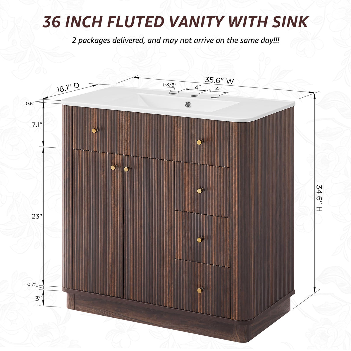 T4TREAM 36" Fluted Bathroom Vanity with Single Sink, Natural Oak