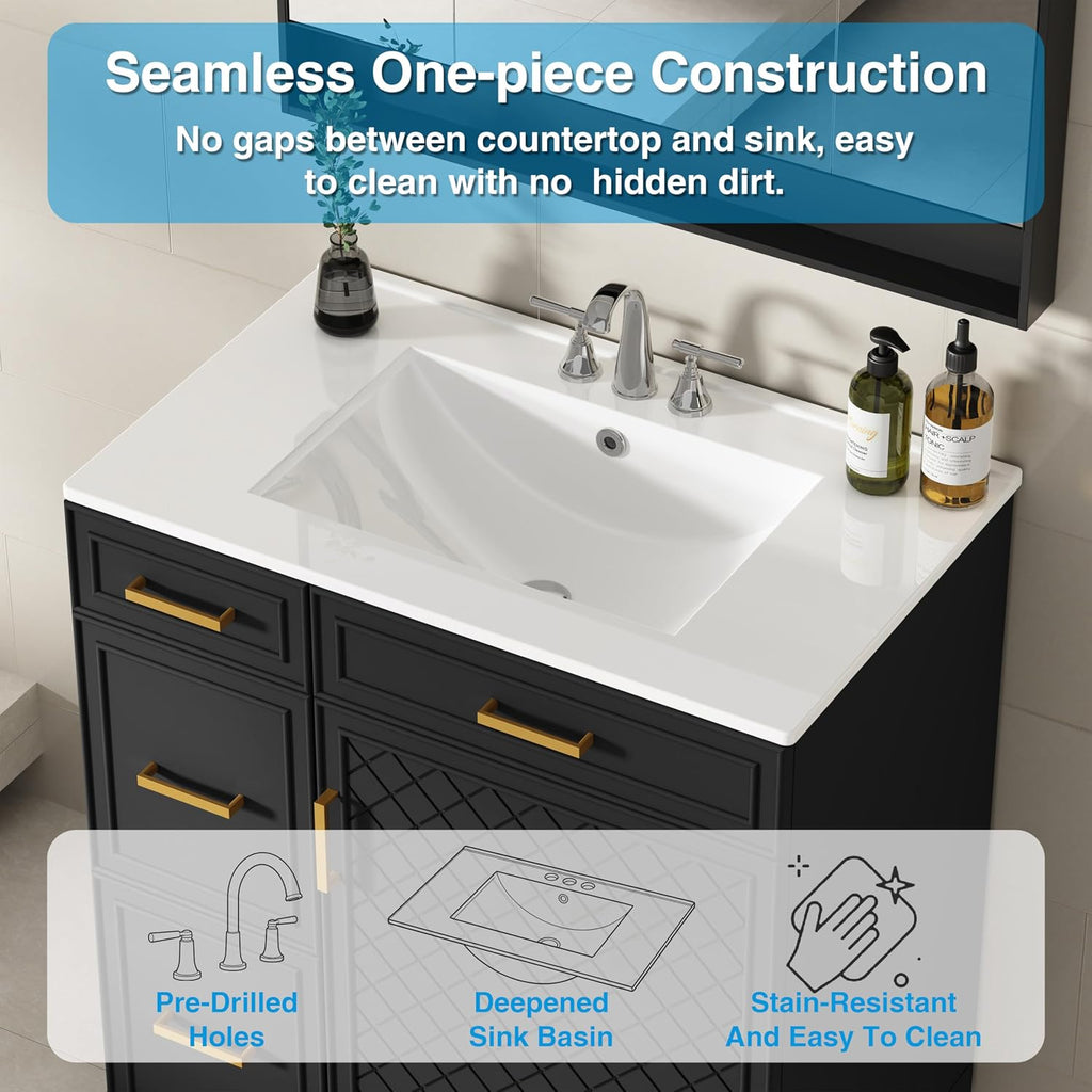 30" Bathroom Vanity with Sink, Solid Wood Frame Modern with Charging Station, Bathroom Single Sink Cabinet with 2 Drawers and 1 Doors, Gold Metal Handles, Black