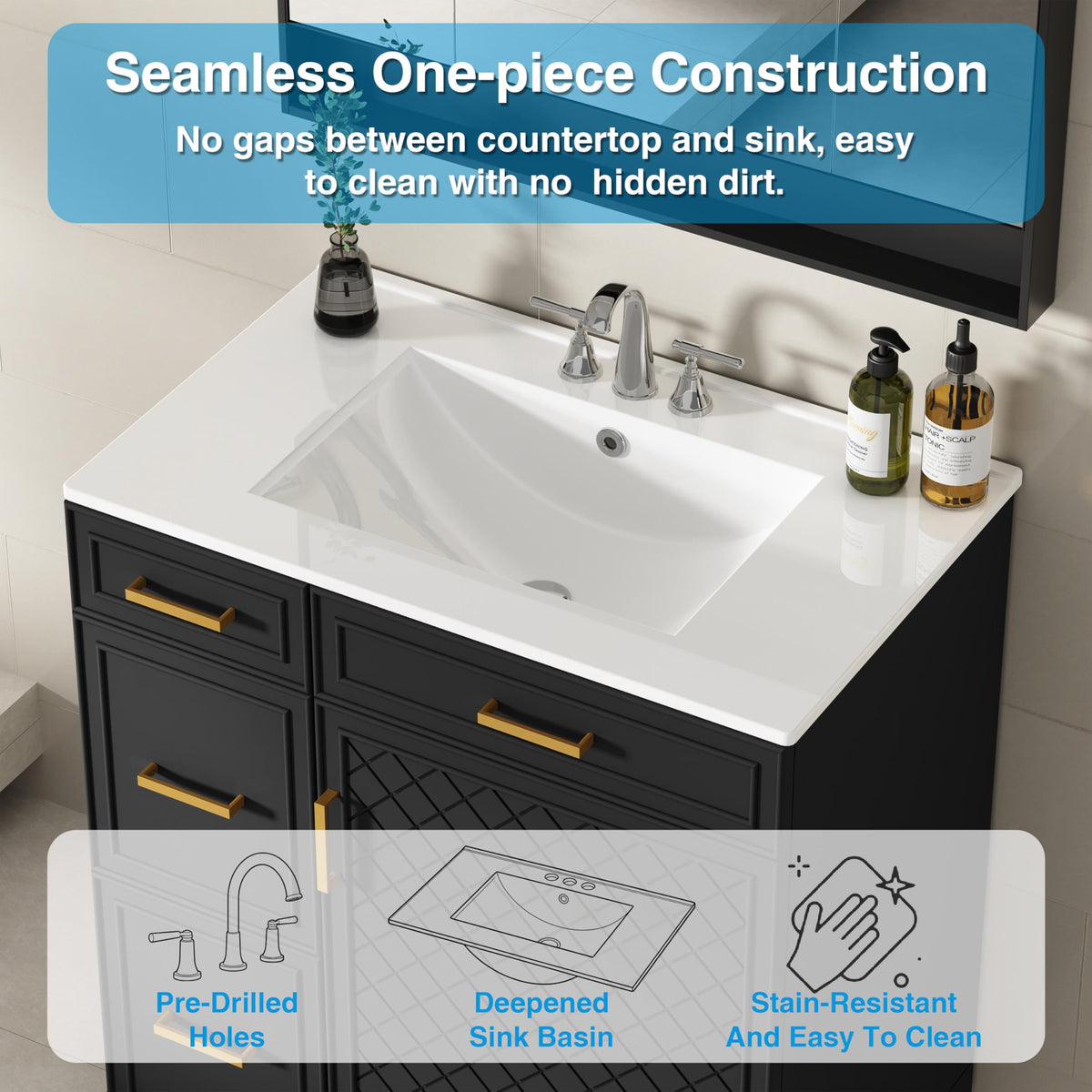 30" Bathroom Vanity with Sink, Solid Wood Frame Modern with Charging Station, Bathroom Single Sink Cabinet with 2 Drawers and 1 Doors, Gold Metal Handles, Black