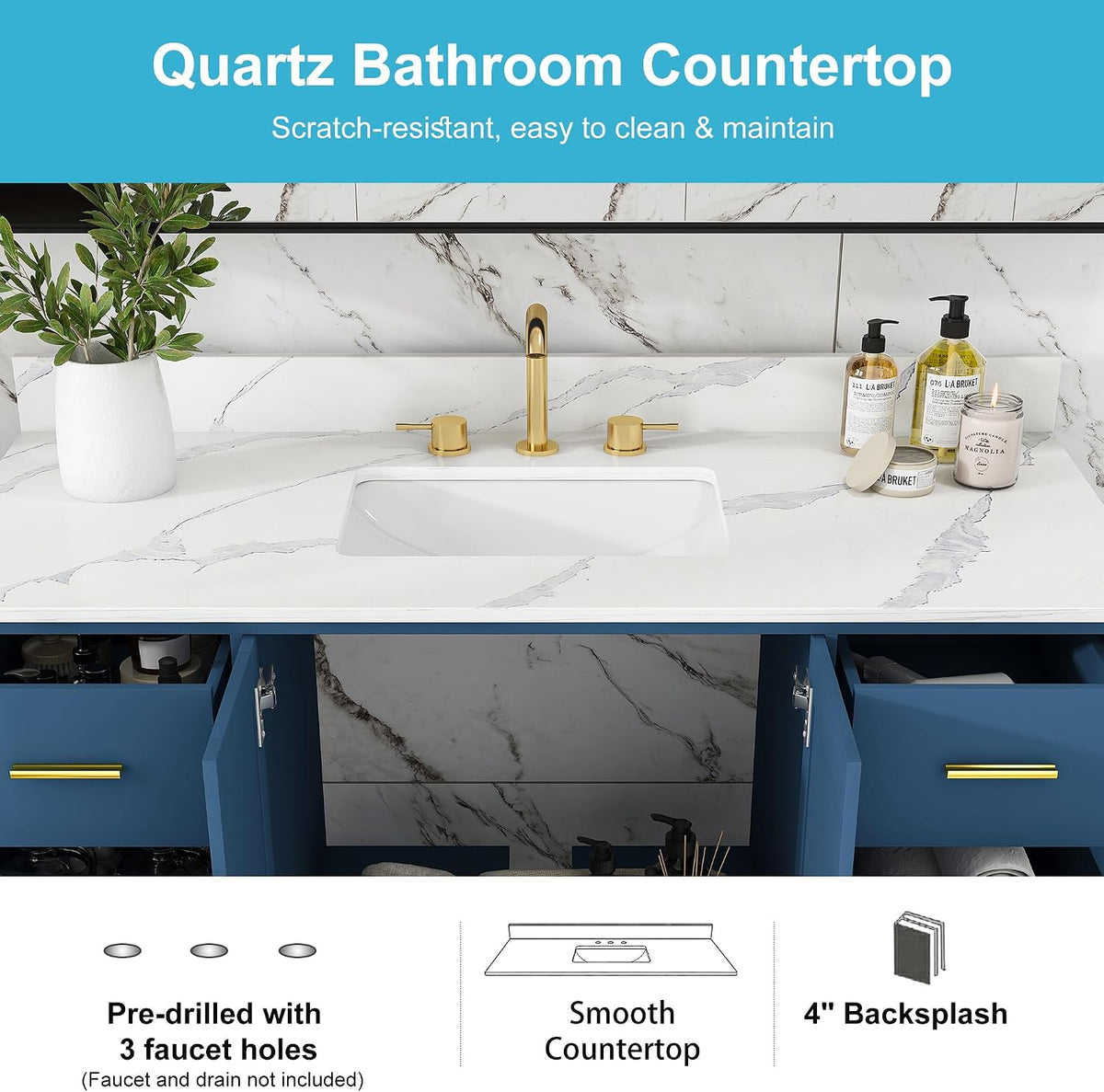 60" Bathroom Vanity Single Sink with 3 Hole, Sink Bathroom Vanity with Solid Wood Frame Storage,Soft Close Double Doors & 9 Sliding Drawers, with Gold Accents