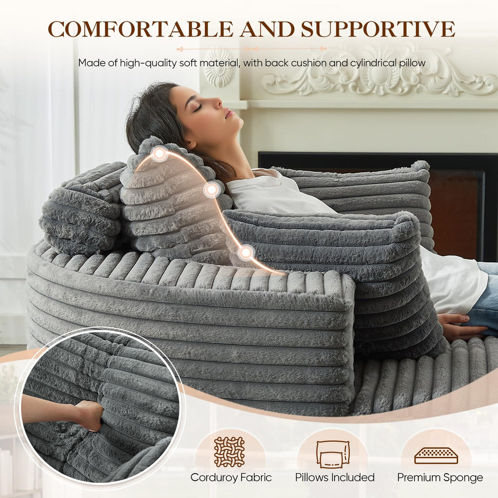 Oversized Round Chaise Longue Chair Indoor, Modern 55-inch Upholstered Corduroy Deep Seat Circle Single Cloud Lounge Floor Sofa Chair for Living Room, Bedroom Apartment, Beige