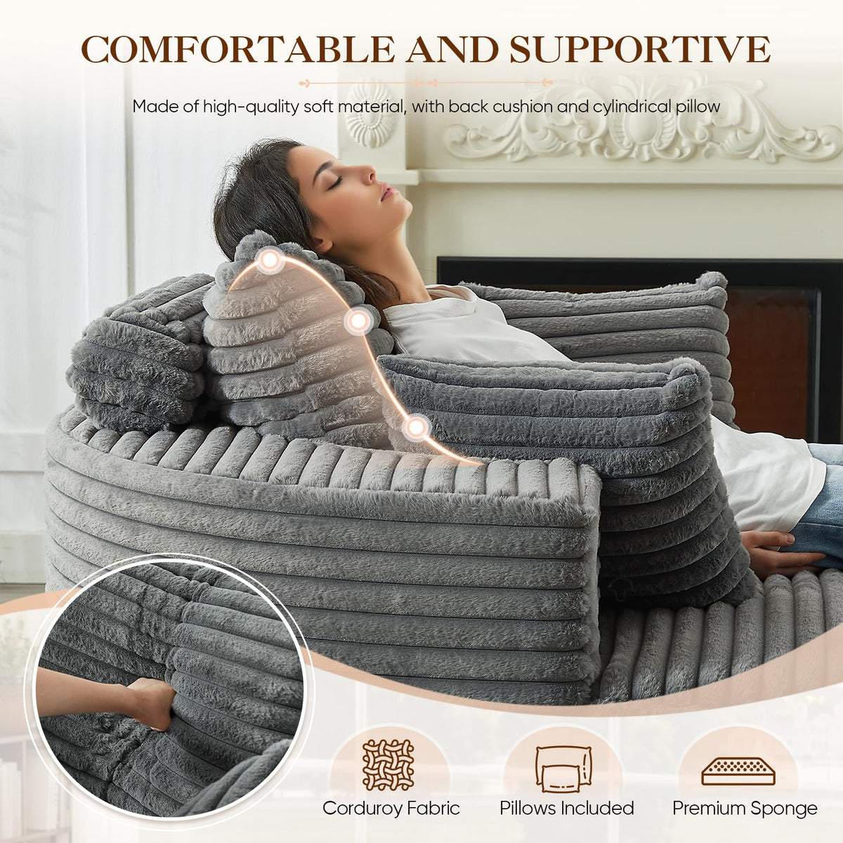 Oversized Round Chaise Longue Chair Indoor, Modern 55-inch Upholstered Corduroy Deep Seat Circle Single Cloud Lounge Floor Sofa Chair for Living Room, Bedroom Apartment, Beige