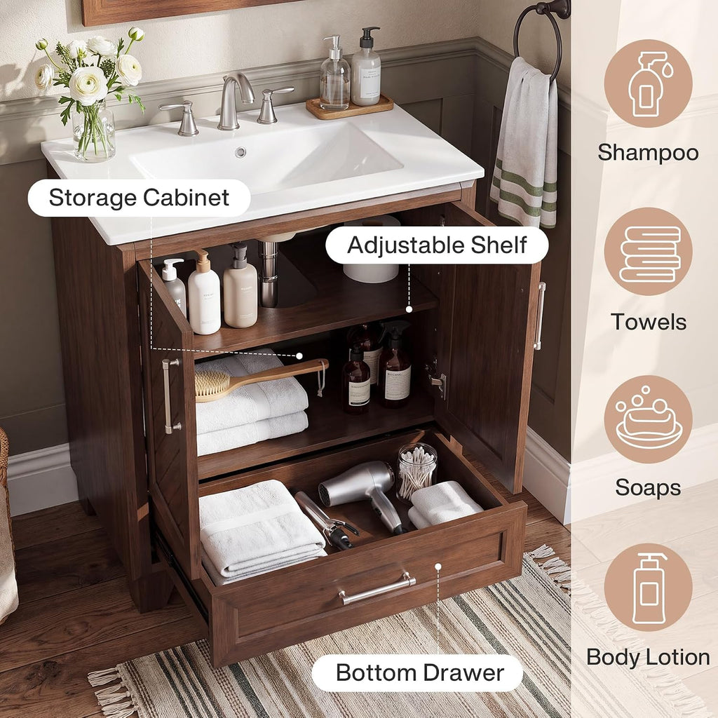 Tribesigns 30 Inch Bathroom Vanity with Sink, Water-Resistant Door, Walnut