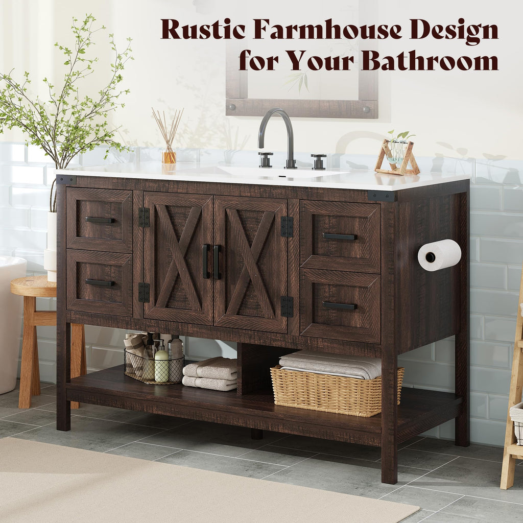 AMERLIFE 48" White Farmhouse Sink Bathroom Vanity, Solid White Top