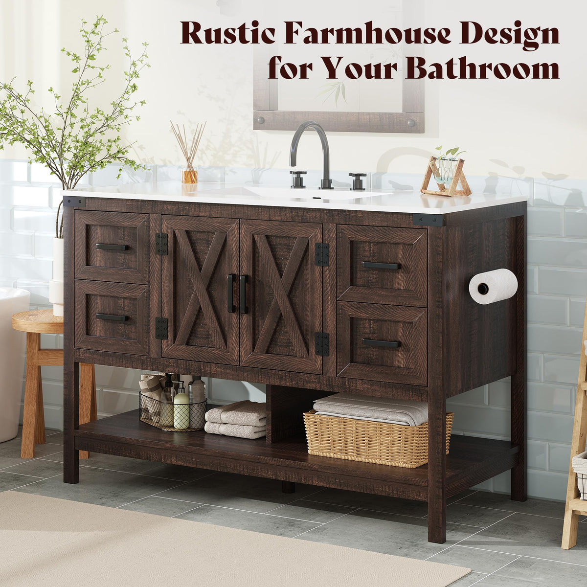 AMERLIFE 48" White Farmhouse Sink Bathroom Vanity, Solid White Top
