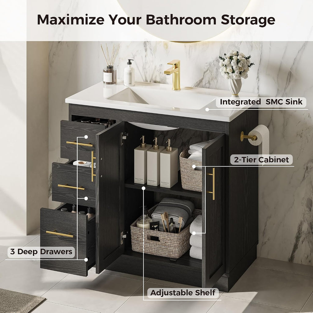IRONCK 36 Inch Bathroom Vanity with Sink, Modern Black Bathroom Cabinet with Soft Closing Doors, 3 Drawers, Adjustable Shelf & Toilet Paper Holder