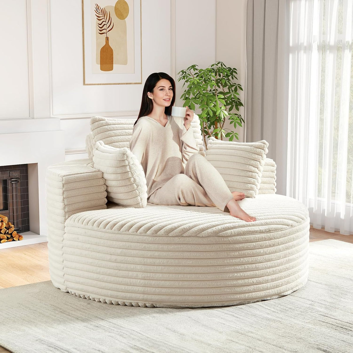Oversized Round Chaise Longue Chair Indoor, Modern 55-inch Upholstered Corduroy Deep Seat Circle Single Cloud Lounge Floor Sofa Chair for Living Room, Bedroom Apartment, Beige
