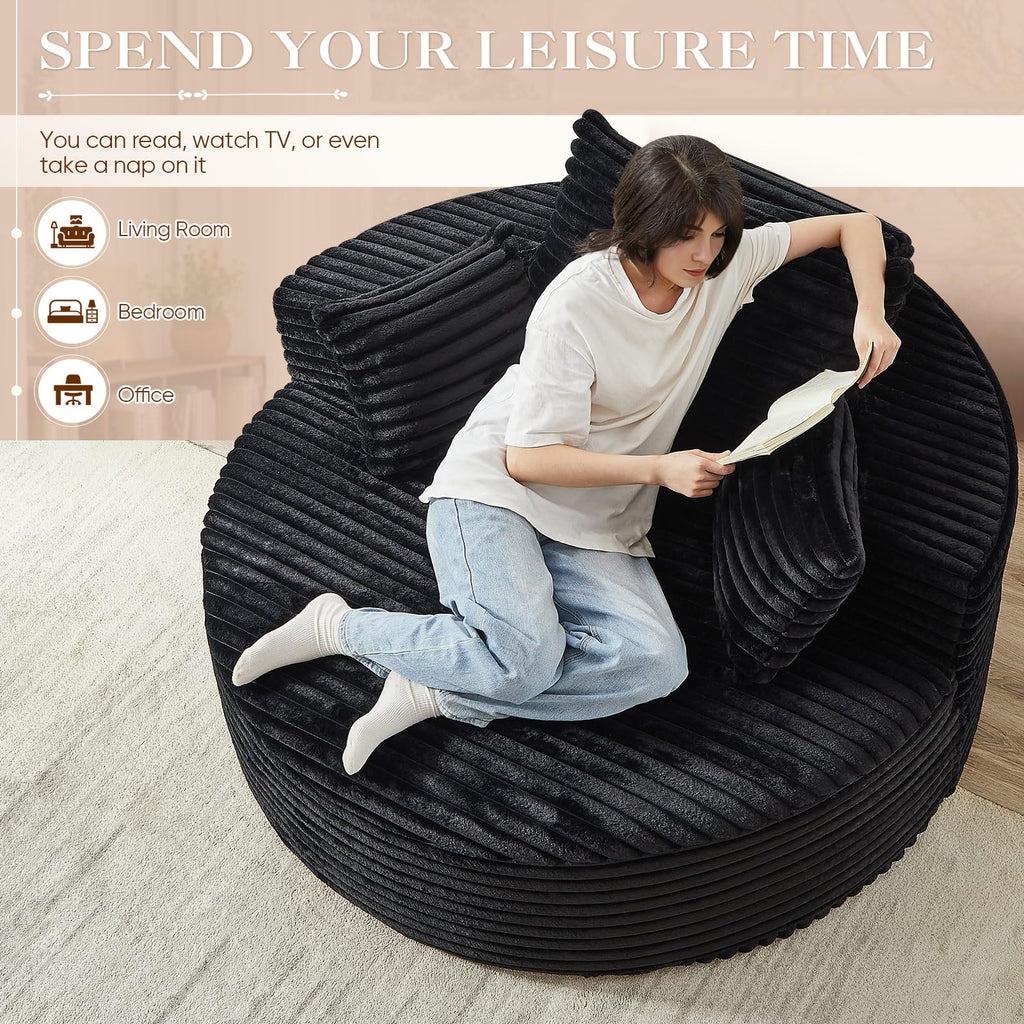 Oversized Round Chaise Longue Chair Indoor, Modern 55-inch Upholstered Corduroy Deep Seat Circle Single Cloud Lounge Floor Sofa Chair for Living Room, Bedroom Apartment, Beige