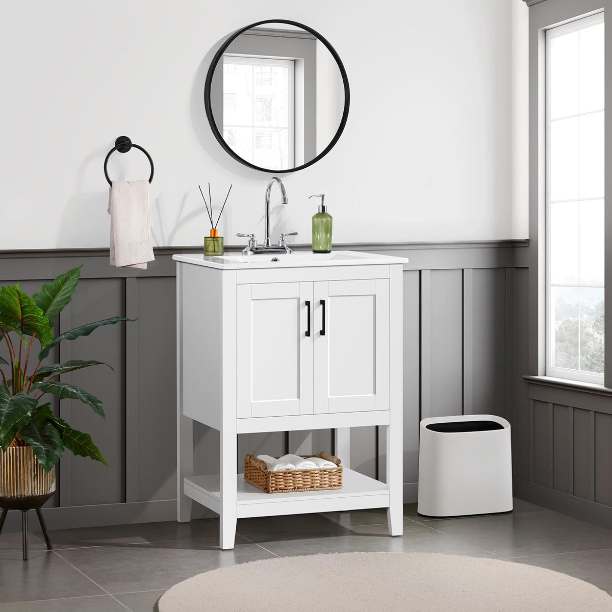 Yaheetech 24 Inch Freestanding Bathroom Vanity with Ceramic Sink, White