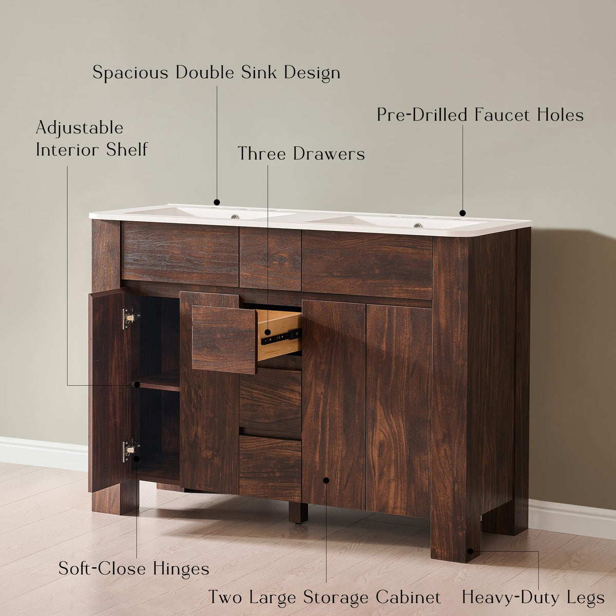 T4TREAM 47.6 Inch Modern Bathroom Vanity with Double Sink, Natural Oak
