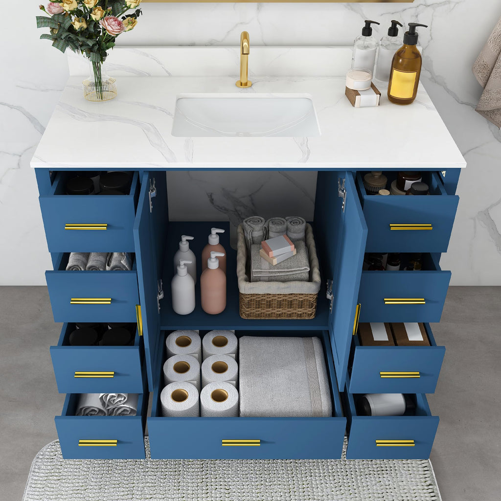 60" Bathroom Vanity Single Sink with 3 Hole, Sink Bathroom Vanity with Solid Wood Frame Storage,Soft Close Double Doors & 9 Sliding Drawers, with Gold Accents